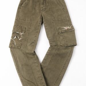 Anthropologie Olive Green Cropped Cargo Pants with Embroidered Pockets
